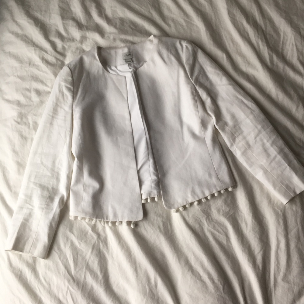 J Crew White Linen Cropped Pom-Pom Jacket - Picture 4 of 9